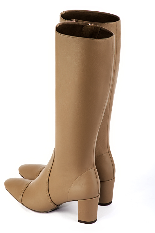 Camel beige women's feminine knee-high boots. Round toe. Medium block heels. Made to measure. Rear view - Florence KOOIJMAN